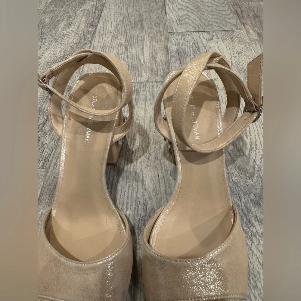 Stuart Weitzman nude shimmer Allshine block heels